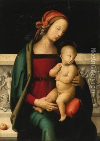 The Madonna And Child Seated Before A Sculpted Parapet, An Apple Resting Beside Her Oil Painting - Pietro Perugino