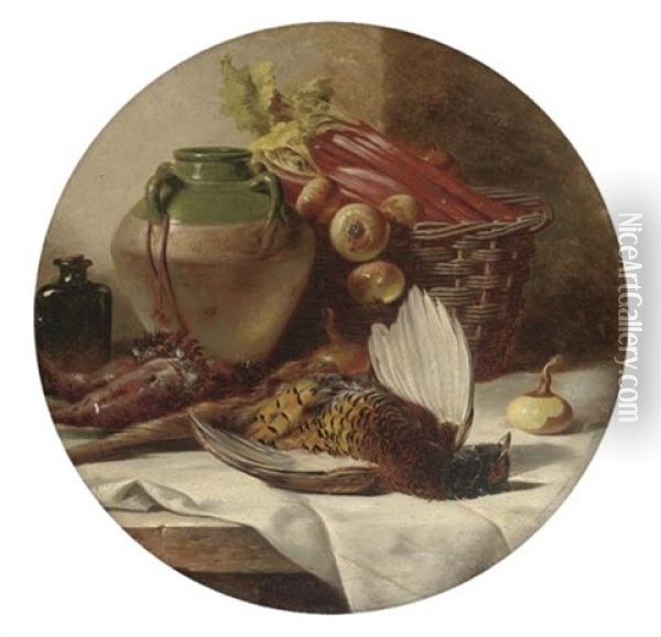 A Pheasant, Onions, Rhubarb In A Basket, With A Pot And Jar To The Side Oil Painting - William Duffield