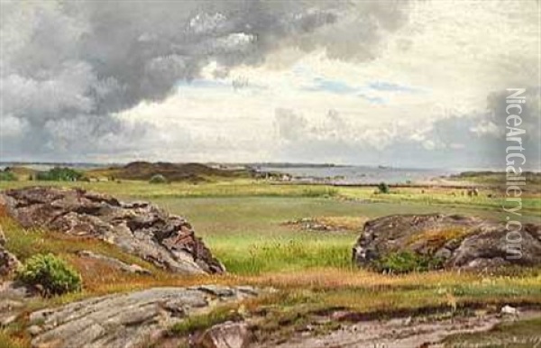 Fjordlandskab Med Store Sten I Forgrunden Oil Painting - Carl Frederik Peder Aagaard