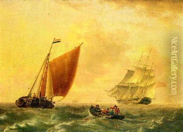 A British Frigate Pulling A Dutch Barge In The North Sea Oil Painting - Charles Martin Powell