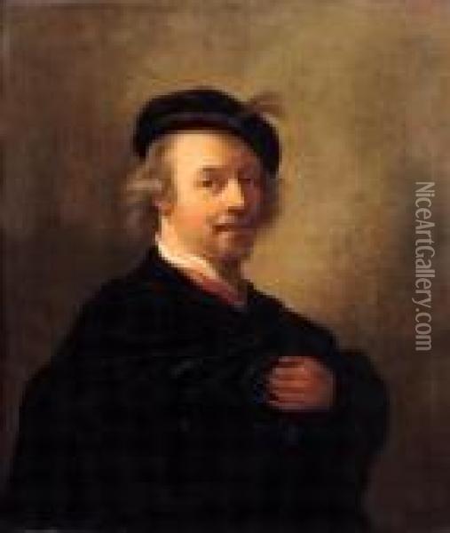 Portrait Of The Artist, Small Half Length, Wearing A Black Cape Andfeathered Cap Oil Painting - Rembrandt Van Rijn