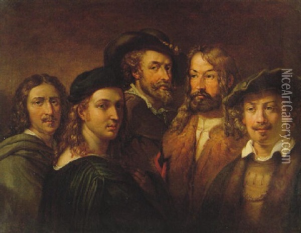 Fem Konstnarer: Poussin, Rafael (egentligen Bindo Altoviti), Rubens, Durer Och Rembrandt Oil Painting - Johan Gustav Sandberg