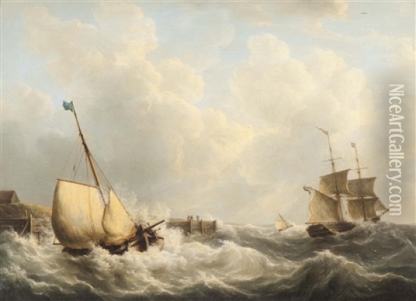 A Spritsail Barge And A Tall Ship Leaving The Quay Oil Painting - Martinus Schouman