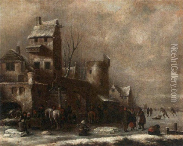 A Winter Landscape With Figures Skating And Horse-drawn Sleighs Near City Walls Oil Painting - Nicolaes Molenaer