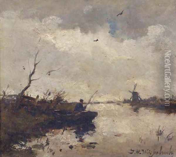 A fisherman in a polder landscape Oil Painting - Johan Hendrik Weissenbruch