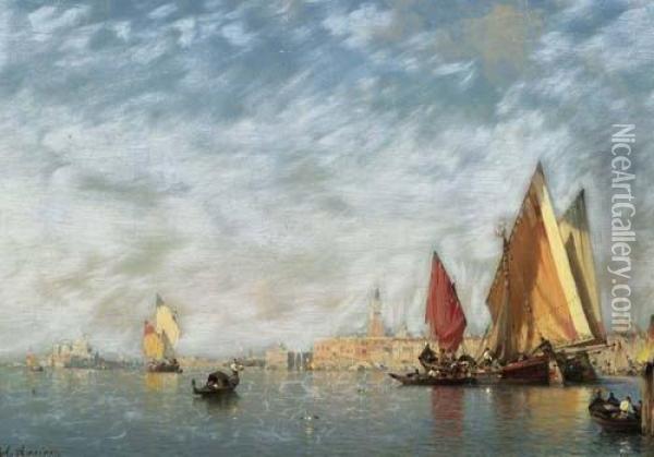 Sailing Boats Before Venice. Oil Painting - Amedee Rosier