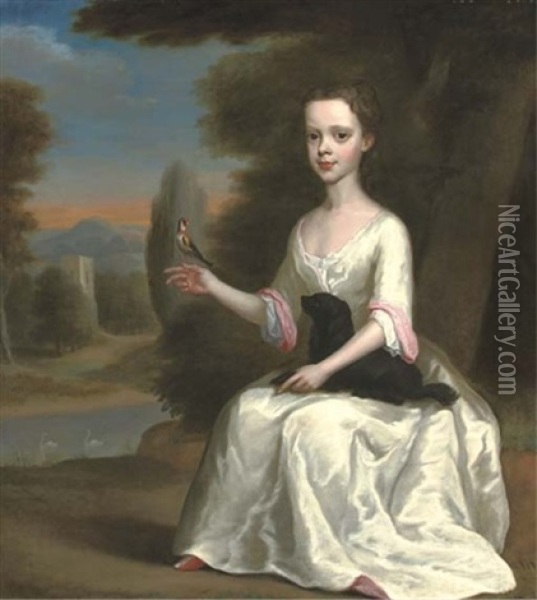 Portrait Of A Young Girl (esther Turpin?), In A White Dress With Pink Trim, Seated With A Toy Spaniel In Her Lap And A Goldfinch On Her Finger, In A Landscape, A Tower Beyond Oil Painting - Isaac Whood