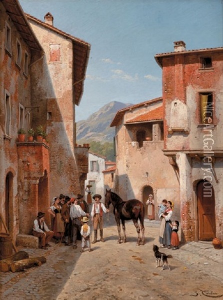 Villagers In A Sunlit Street Oil Painting - Jacques Francois Carabain