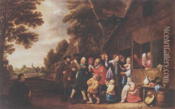 A Procession Of Peasants Leaving A Coutry Inn, Playing Musical Instruments And Singing Oil Painting - Pieter Nys