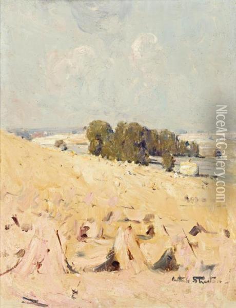 Hay Stooks, Sussex Oil Painting - Arthur Ernest Streeton