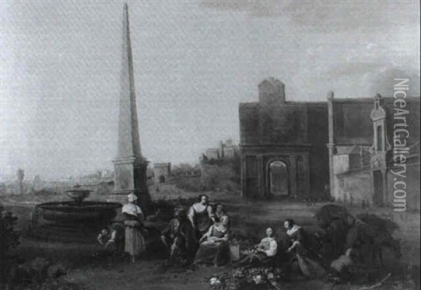 Women Preparing Vegetables In A Market Square Before An     Obelisk Oil Painting - Hendrick Mommers