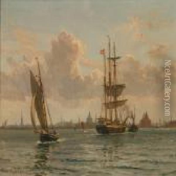 Coastal Scene From Copenhagen With Sailing Ships Near Thecoast Oil Painting - Vilhelm Karl Ferd. Arnesen