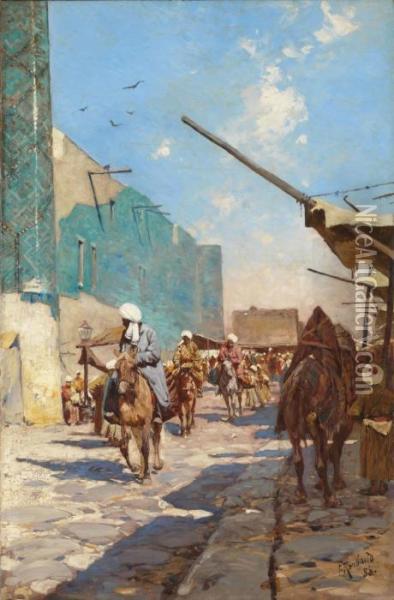 Rue Marchande Pres De La Place Du Registan, Samarcande Oil Painting - Franz Roubaud