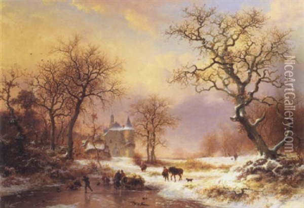 Skaters In A Winter Landscape Oil Painting - Frederik Marinus Kruseman