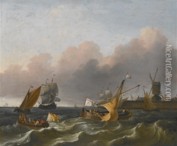 Dutch Coastal Vessels And A Merchantman Off A Harbour Mouth Oil Painting - Ludolf Backhuysen the Elder