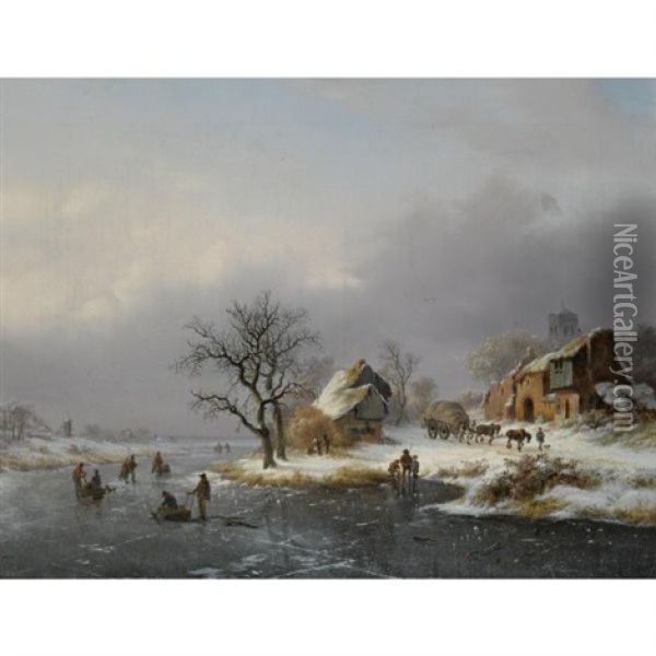 A Winter Landscape With Skaters, A Horse-drawn Cart On A Path Nearby Oil Painting - Frederik Marinus Kruseman