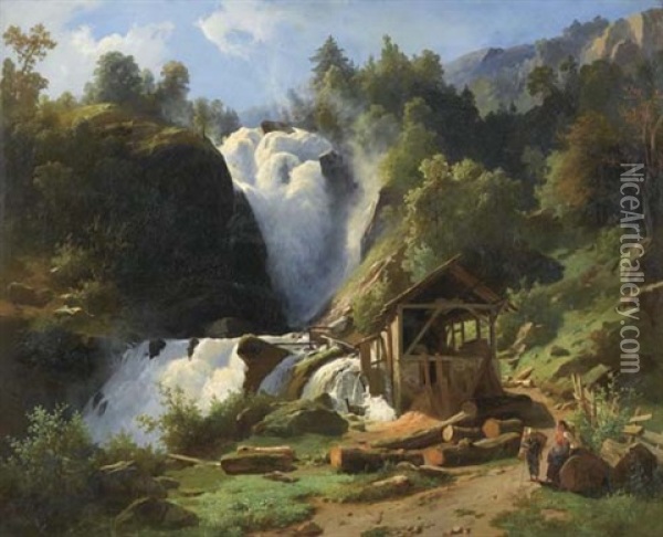 Ein Wasserfall Mit Muhle Oil Painting - Karl Friedrich Toeche