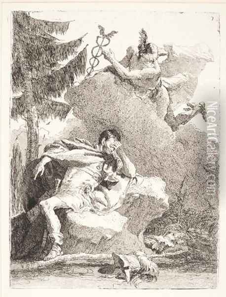 Mercury Appears to Aeneas in a Dream, c.1770 Oil Painting - Giovanni Domenico Tiepolo