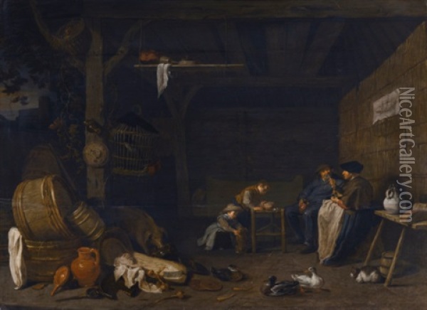 Peasant Family In A Barn Interior Oil Painting - Herman Saftleven