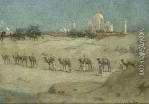 A Camel Train Before The Moonlit Taj Mahal Oil Painting - Charles William Bartlett