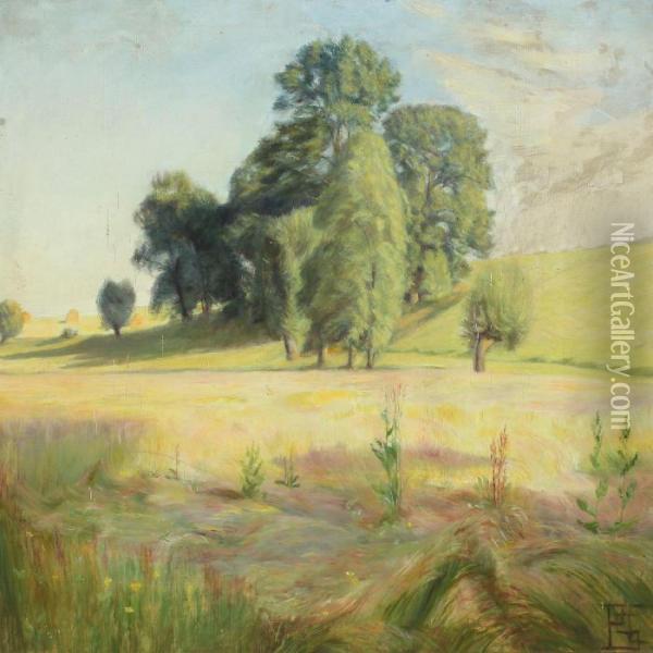 Meadow With Trees And Haystacks Oil Painting - Poul S. Christiansen