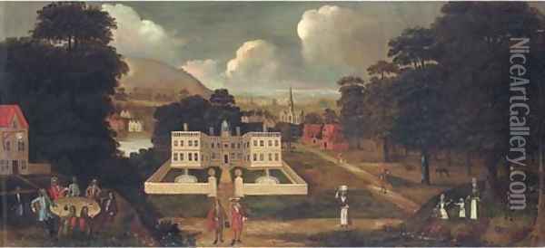 View of a country house, beside a river, with figures in the foreground and a town beyond Oil Painting - English School