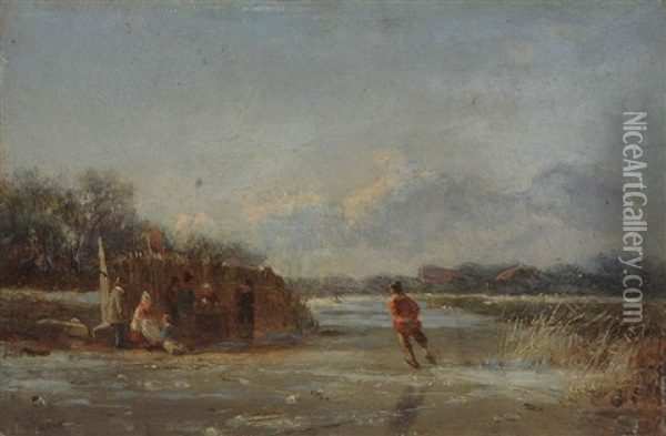 Paysage Aquatique En Hollande Anime De Patineurs A Glace Et De Figures Pres D'un Koek-en-zopie Oil Painting - George Laurens Kiers