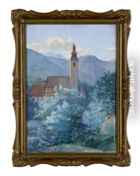 Dorfkirche Mit Zwiebelturm, Im Hintergrund Ein Bergmassiv Oil Painting - Karl Graf