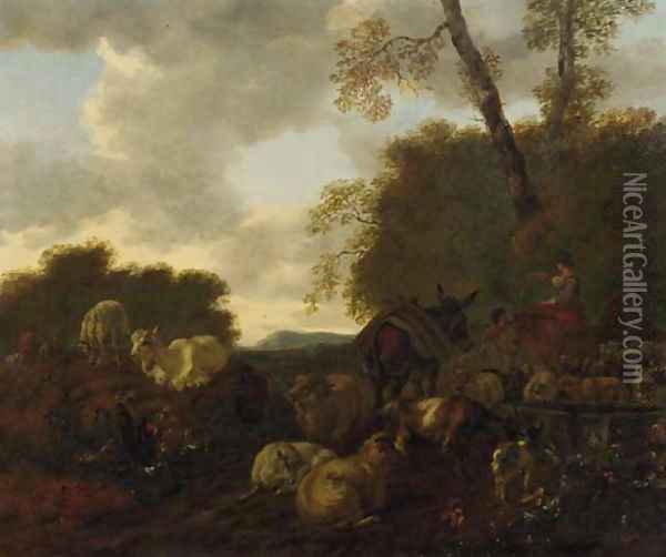 Shepherds and their flock by a well in an Italianate landscape Oil Painting - Mathias Withoos