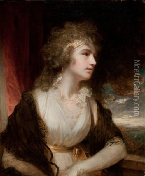 Portrait Of A Lady At Half-length In A Light Dress With A Lace Collar Resting Her Arm On A Balcony (mrs. Charles Greeley?) Oil Painting - Sir John Hoppner