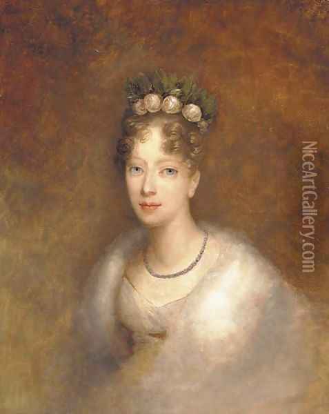 Portrait of a lady, bust-length, with roses in her hair Oil Painting - French School