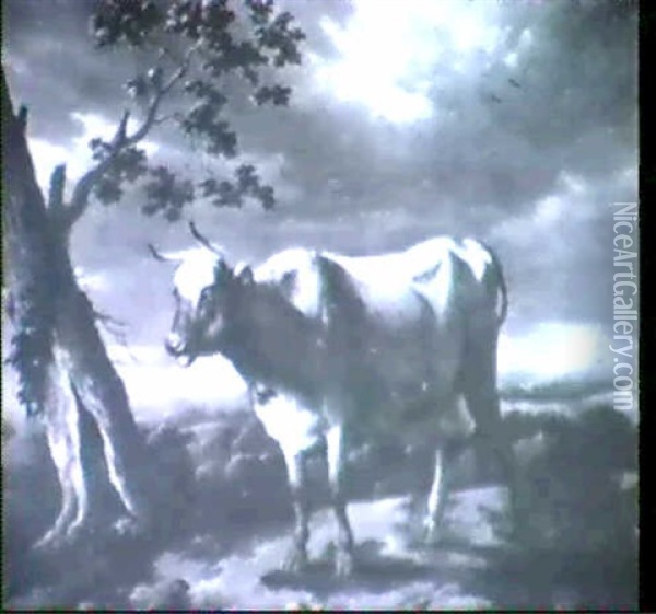 A Cow In A Landscape Oil Painting - Abraham Jansz. Begeyn
