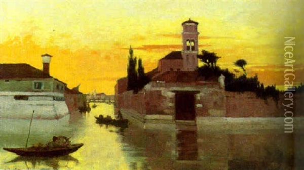 A Venetian Canal At Sunset Oil Painting - Hilda Montalba