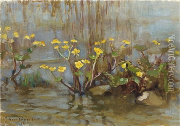 Marsh Marigold Oil Painting - Eero Jaernefelt