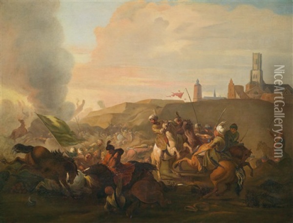 Ein Reitergefecht Zwischen Kaiserlichen Und Osmanischen Soldaten Vor Einer Befestigten Stadt Oil Painting - Jan van Huchtenburg