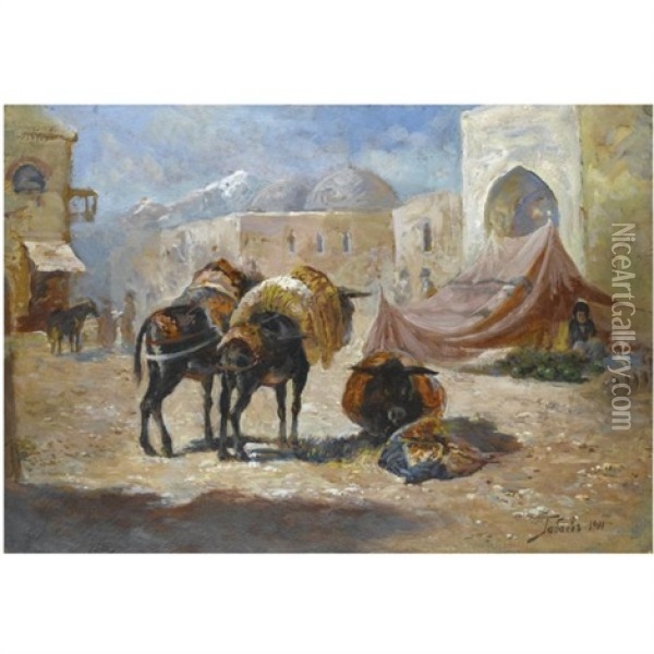 Donkeys At Rest Oil Painting - Georgy Gabashvili