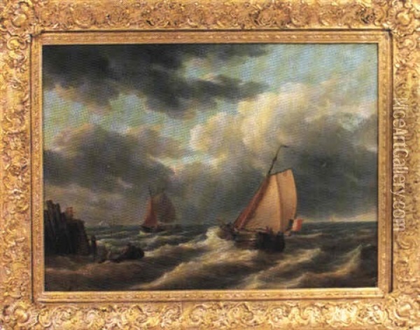 Marin Med Segelbatar, Vid Horisonten Stadssilhuett Oil Painting - Pieter Cornelis Dommershuijzen