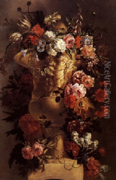 Fiori In Un Vaso Di Marno Scolpito Con Putti Oil Painting - Paolo Porpora