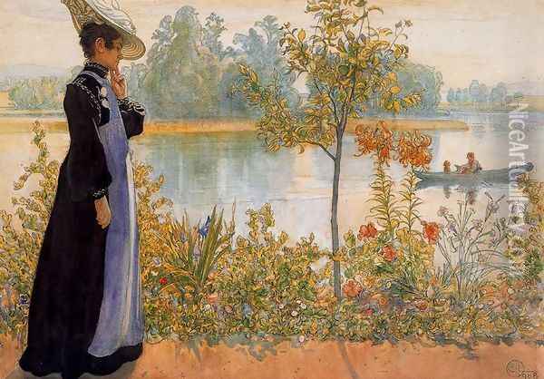 Late Summer, Karin By The Shore Oil Painting - Carl Larsson