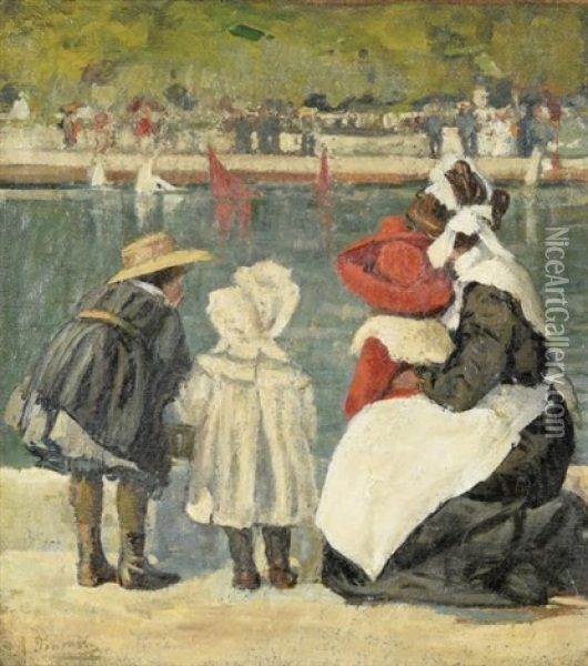 Nourrice Et Enfants Devant Le Bassin Du Jardin Des Tuileries Oil Painting - Alice Dannenberg