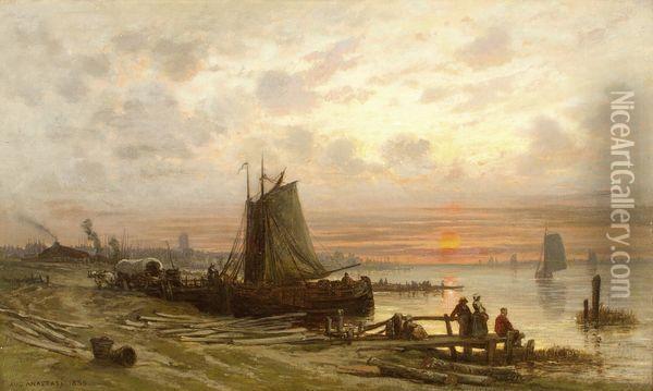 La Meuse Pres De Dordrecht, Soleil Couchant En Novembre Oil Painting - Auguste-Paul-Charles Anastasi