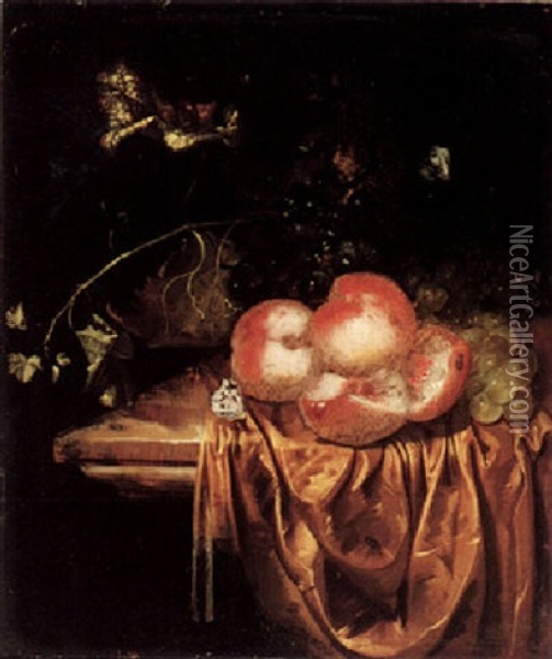 Still Life Of Peaches And Grapes With A Roemer Upon A Ledge Draped With A Brown Cloth Oil Painting - Harmen Loeding