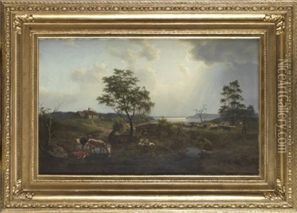 Pastoralt Landskap Med Far Oil Painting - Ernfried Wahlqvist