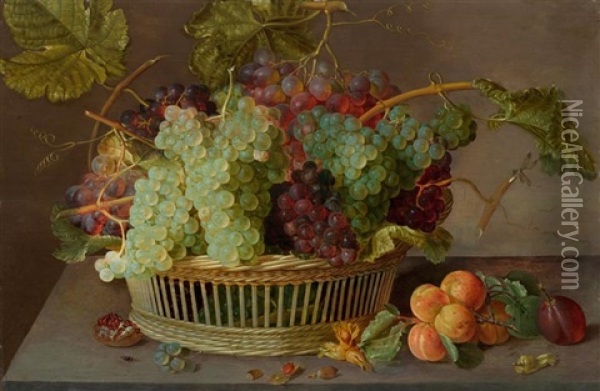 Fruchtestillleben Mit Trauben In Einem Flechtkorb Und Aprikosen Auf Einer Tischplatte Oil Painting - Isaac Soreau