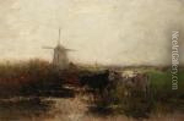 Watering Cows Near A Windmill Oil Painting - Willem Maris