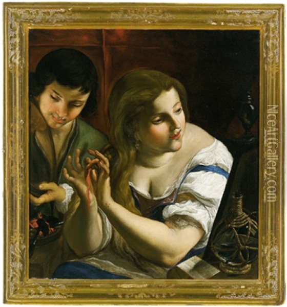 Una Giovane Donna Che Si Guarda Allo Specchio E Un Giovanotto Con Carboni Ardenti, Vanitas Oil Painting - Angelo Caroselli