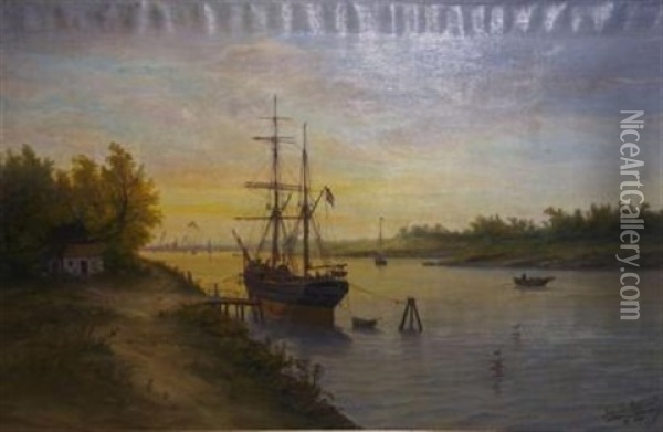 Voilier A Quai - Retour Des Pecheurs Oil Painting - Max Schroeder-Greifswald the Younger