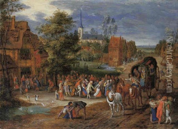A Village Kermesse With A Horse-drawn Cart In The Foreground Oil Painting - Peter Gysels