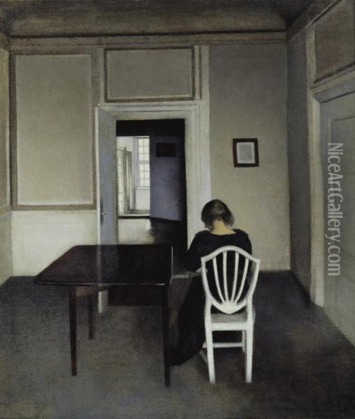 Interior With Ida In A White Chair Oil Painting - Vilhelm Hammershoi