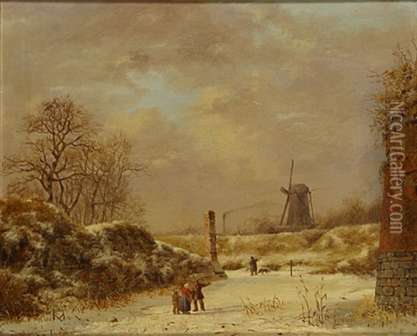 Winterlandschap Met Molen En Personages Oil Painting - Albert Eduard Moerman